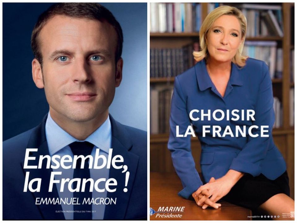 Campaign posters for Macron and Le Pen. Two kinds of patriotism.
