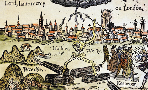 A woodcut of the plague in London in 1665. That year Pluto was square to the Moon in the 1066 chart for England.
