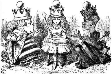 Alice finally gets to be a queen but then she has to listen to the Red Queen and the White Queen bickering.