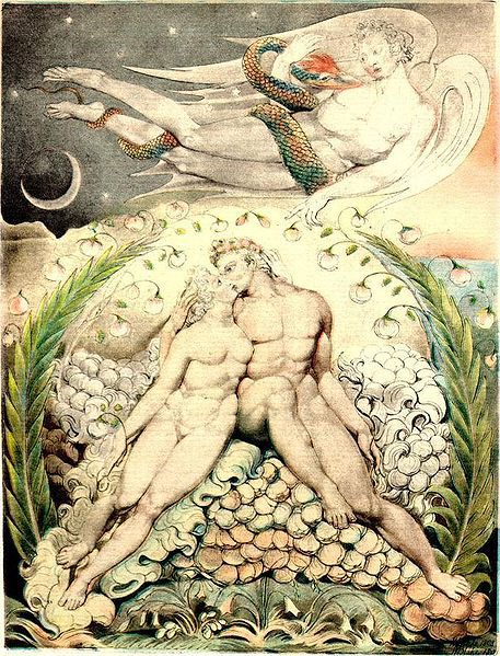 Satan watches the caresses of Adam and Eve —by William Blake